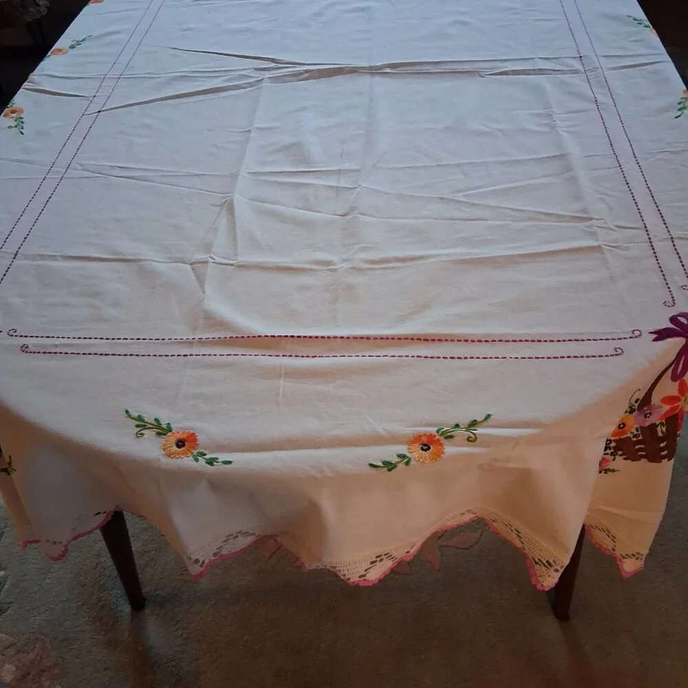 Vintage 1950s Hand Embroidered Easter Basket Tablecloth 72x53 w/ Crochet Trim